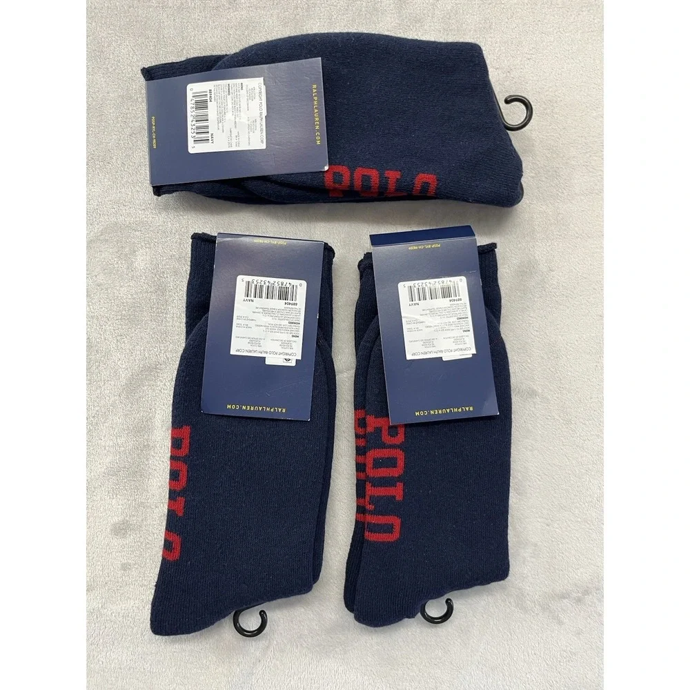 Polo Ralph Lauren 3 Pair Socks Men 10-13 Navy Red Cotton Blend Red Pony Logo
